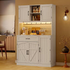 71” Tall Kitchen Pantry Cabinet with LED Light & Outlet & Drawer, Pantry Storage Cabinet with Microwave Shelf & 6 Hooks, Kitchen Hutch with Door Shelves & Adjustable Shelves, for Dining Room