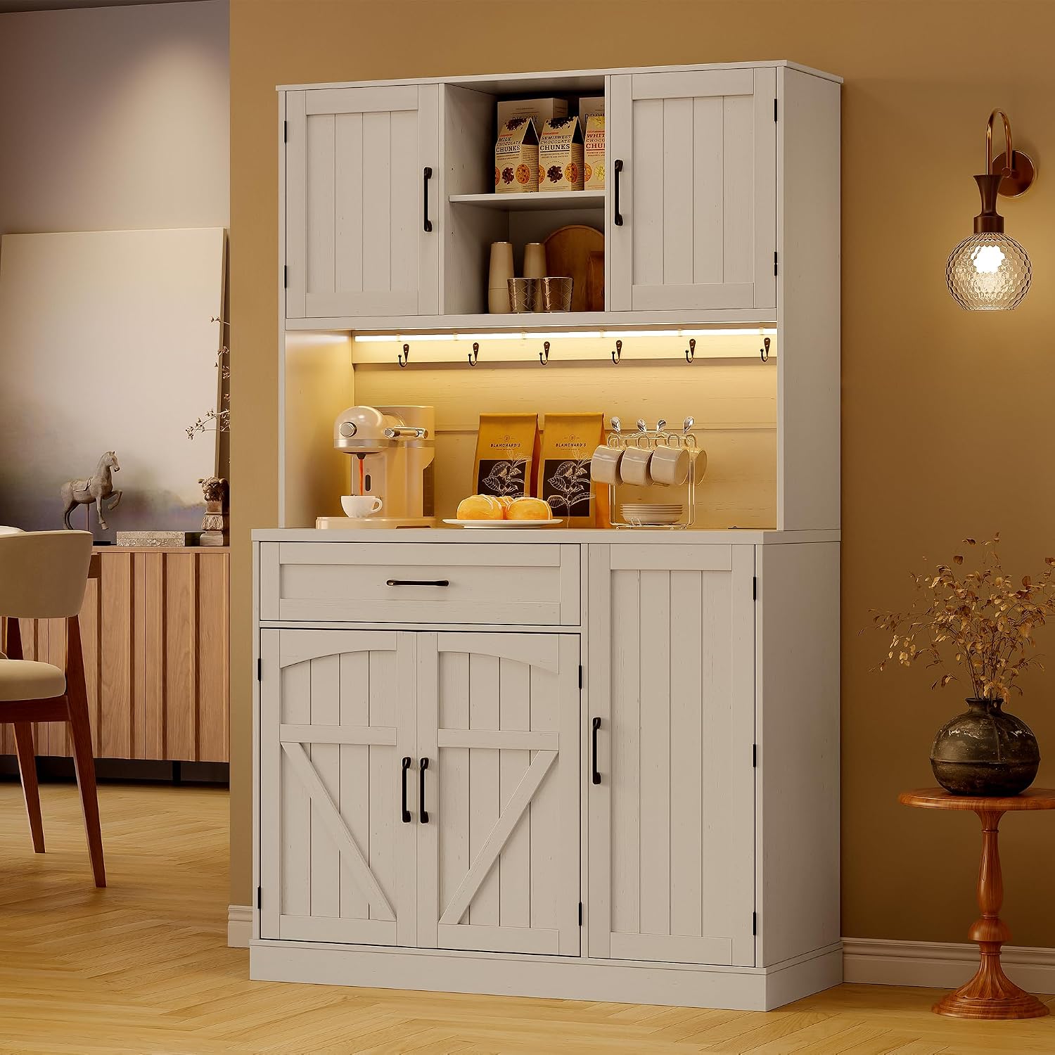 71” Tall Kitchen Pantry Cabinet with LED Light & Outlet & Drawer, Pantry Storage Cabinet with Microwave Shelf & 6 Hooks, Kitchen Hutch with Door Shelves & Adjustable Shelves, for Dining Room