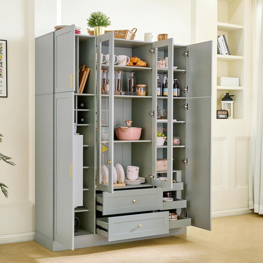Modern Large Kitchen Pantry with 6 Doors,Storage Cupboard with Drawers, Adjustable Shelves,Pull-Out Trays and Wine Rack for Dining Room (Gray/KP)