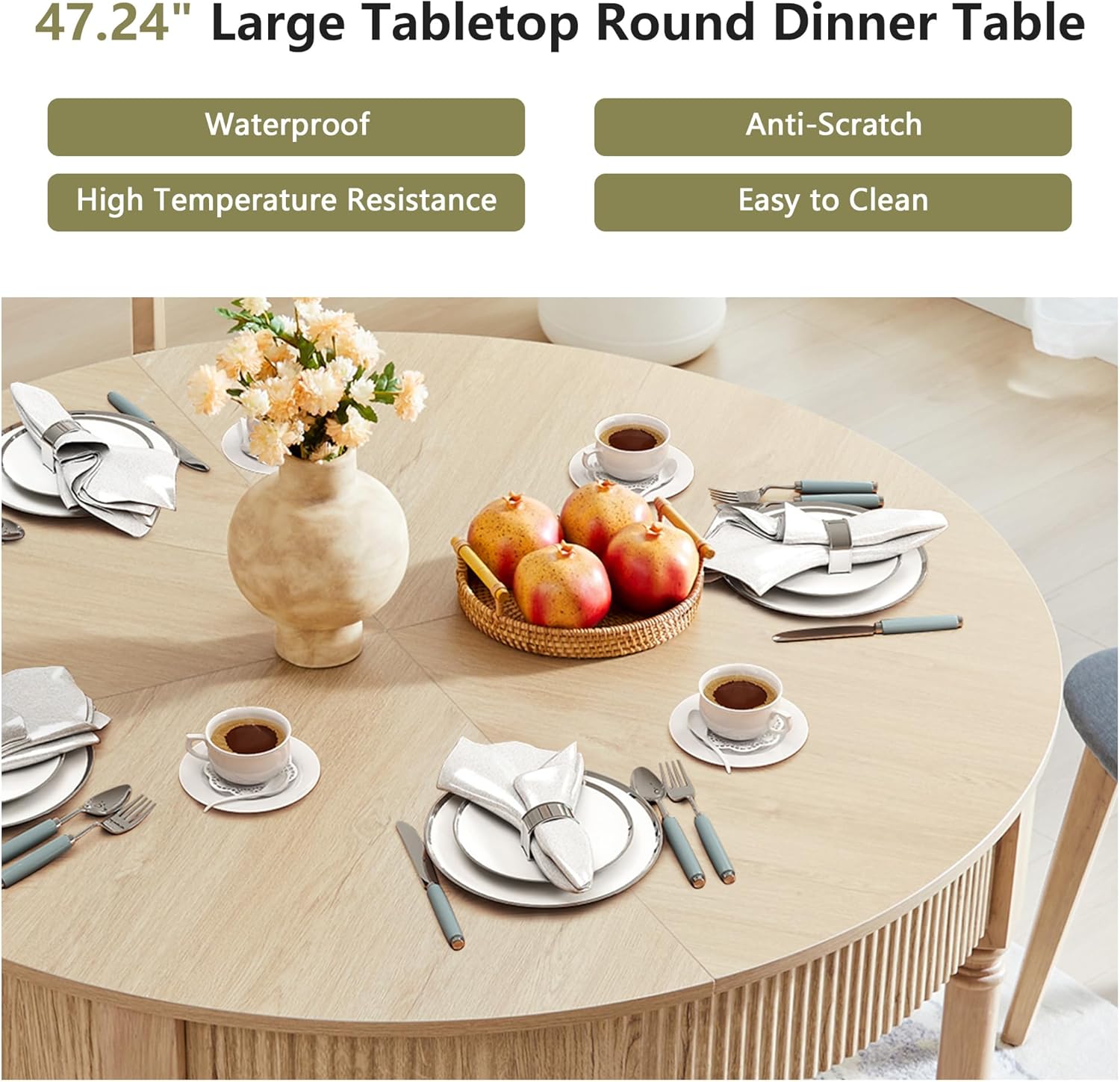 Fluted Round Dining Table for 4-6 People,47 Inches Dining Room Table with 2 Drawers,Modern Farmhouse Dinner Tables Circle Kitchen Tables with Wood Legs Base for Dining Room Kitchen Living Room,Natural
