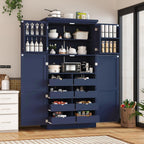 Freestanding Cabinet with 4 Doors, 2 Door Shelves, Tall Storage Cabinet with 8 Pull-Out Trays and Adjustable Shelf for Dining Room Kitchen Pantry (Blue)