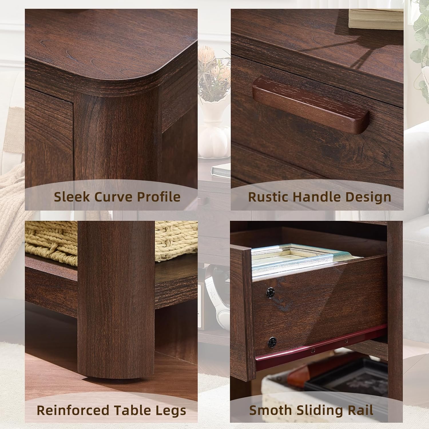 Joaxswe Farmhouse Side Tables Living Room, Small Nightstand with 1 Drawers & Open Shelving & 4 Thickened Table Legs, Walnut