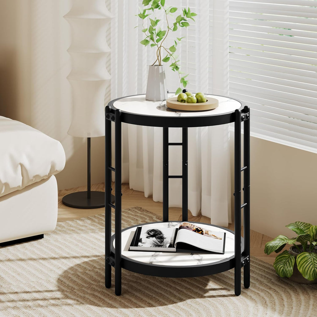 Alunaune Industrial End Table, 2-Tier Round Side Table, Small Modern Storage Shelf Metal Coffee Table Nightstand for Living Room Bedroom-White