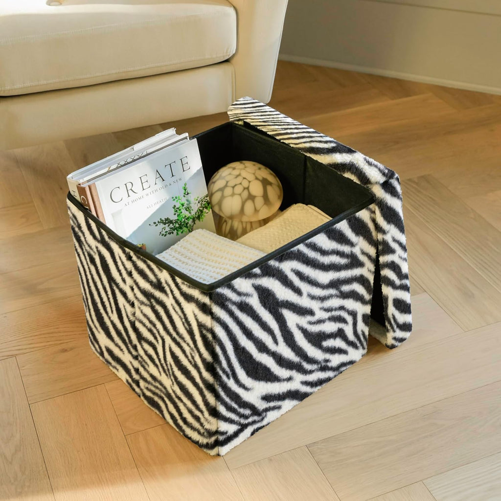 Luxe L 100% Faux Fur Go-Poufs Knock-Down Medium Cube Storage Ottoman, 15"x15"x15", Zebra Black/White, Sleek Seating, Footrest Organizer For Living Room Bedroom Nursery, Easy Setup Modern Compact Piece