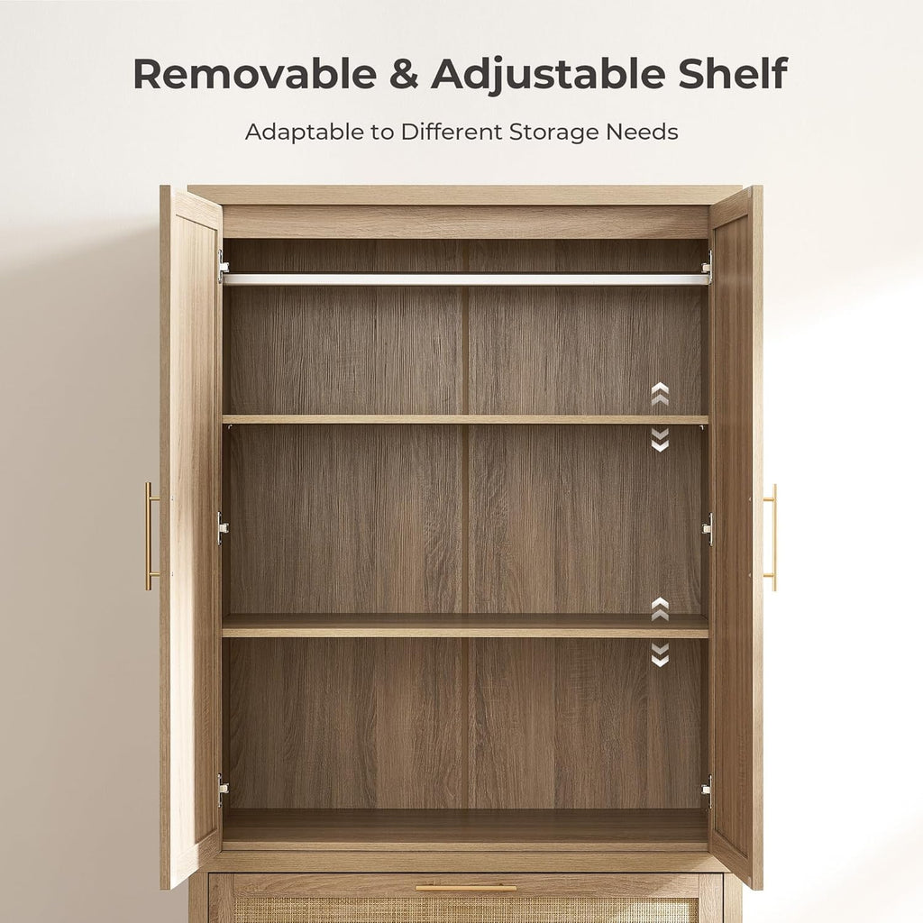 SICOTAS 71 inch Rattan Wardrobe Closet : Armoire Wardrobe with Drawers | Farmhouse Boho Storage Cabinet with Hanging Rod, Large-Capacity Deep Armoire Clothes Organizer for Bedroom, Cloak Room