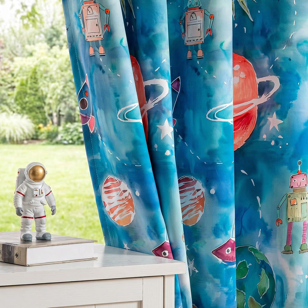 MYSKY HOME Boys Blackout Curtains 84 Inch Long 2 Panels Set 95% Light Blocking Noise Reduction Planet Astronaut Printed Grommet Drapes for Kids Nursery Bedroom Playroom, Each Panel 52" W, Blue