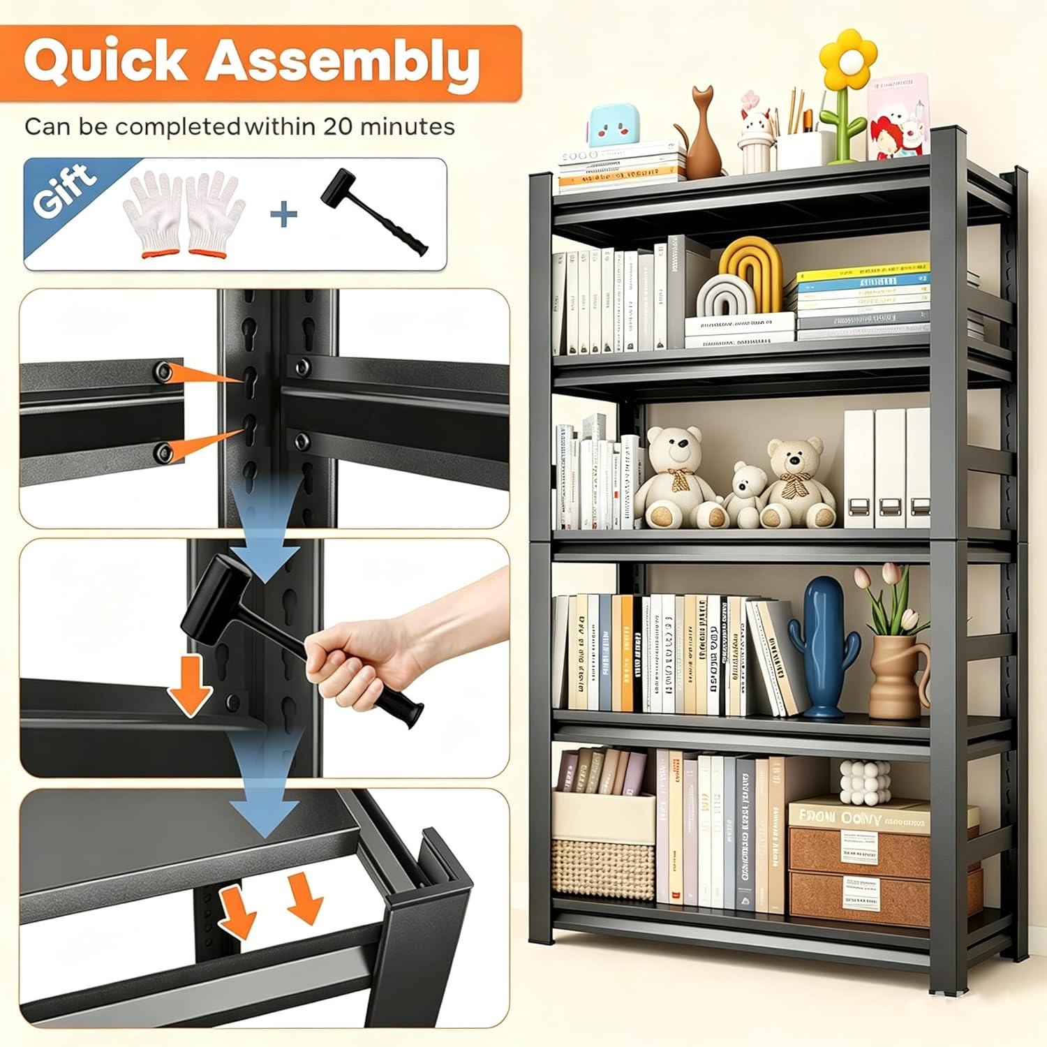 78''H Metal Bookshelf, 5-Tier Bookshelve, Heavy Duty Steel Bookcases, Large Storage Capacity Adjustable Tall Industrial Bookshelf for Living Room, Bedroom and Library, Black (78''Hx36''Wx12''D)