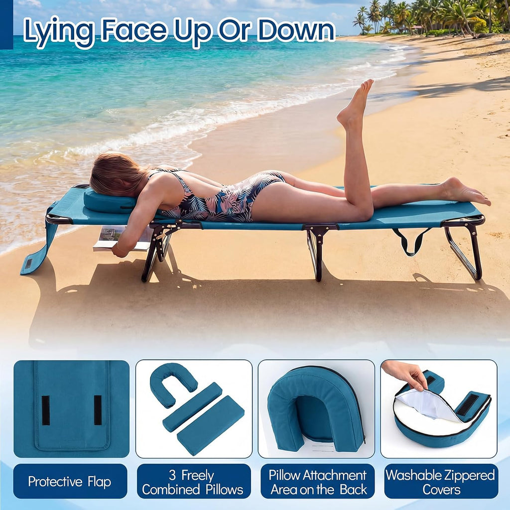 Giantex Folding Beach Tanning Chair, Adjustable Face Down Patio Lounge Chair w/ 4-Position Backrest, Face Hole & Removable Pillow, Portable Sunbathing Chair for Poolside Yard Lawn (2,Steel Blue)