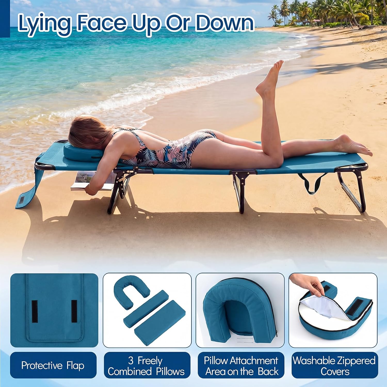 Giantex Folding Beach Tanning Chair, Adjustable Face Down Patio Lounge Chair w/ 4-Position Backrest, Face Hole & Removable Pillow, Portable Sunbathing Chair for Poolside Yard Lawn (2,Steel Blue)