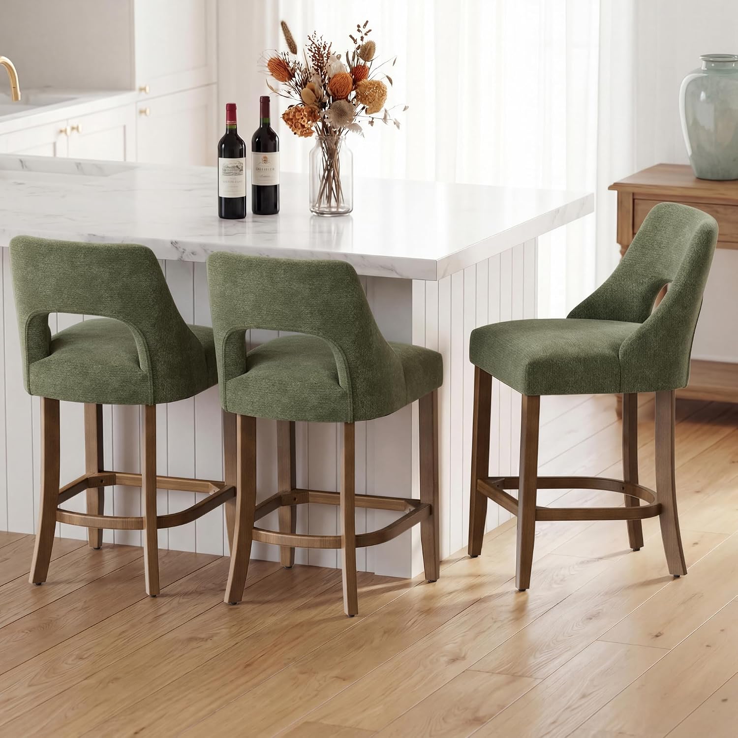 UVV Bar Stools Set of 4, Upholstered Counter Height Bar Stools, Modern Counter Stools with Wood Legs for Kitchen Island Dining Room Bar, Green