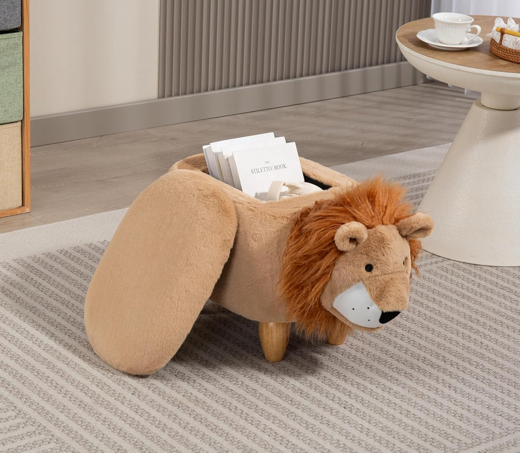 Home 2 Office Lion Ottoman with Storage for Kids – Plush Animal Footstool for Nursery, Playroom, Living Room or Bedroom – Toy Organizer and Footrest – Cute Toddler Furniture with Wooden Legs