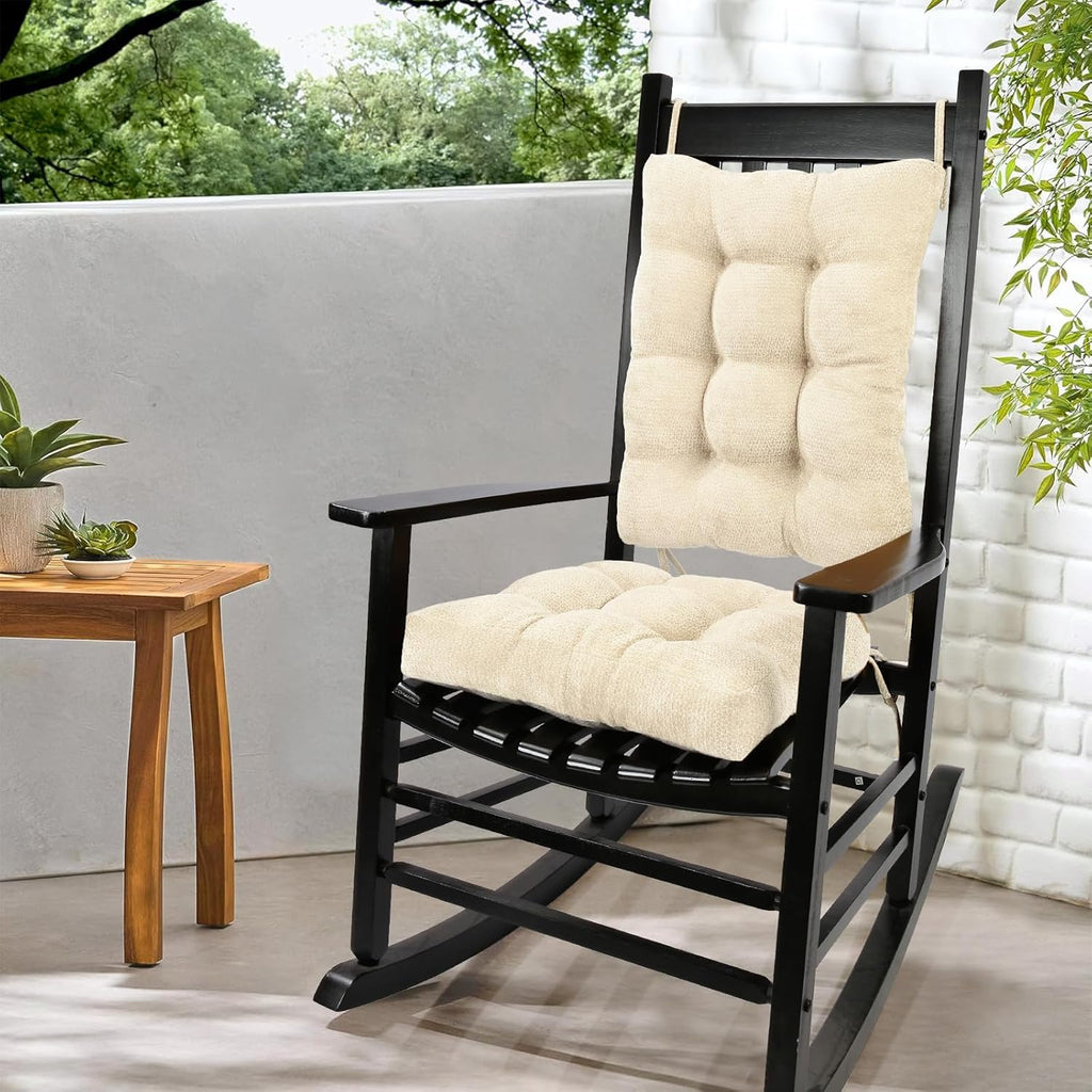 Rocking Chair Cushion for Elderly Sitting, Back Pillow & Seat Cushion with Ties, Luxury Chenille Fabric Non-Slip Chair Pad for Rocker, Beige, 21.6x17x2/ 17x17x3