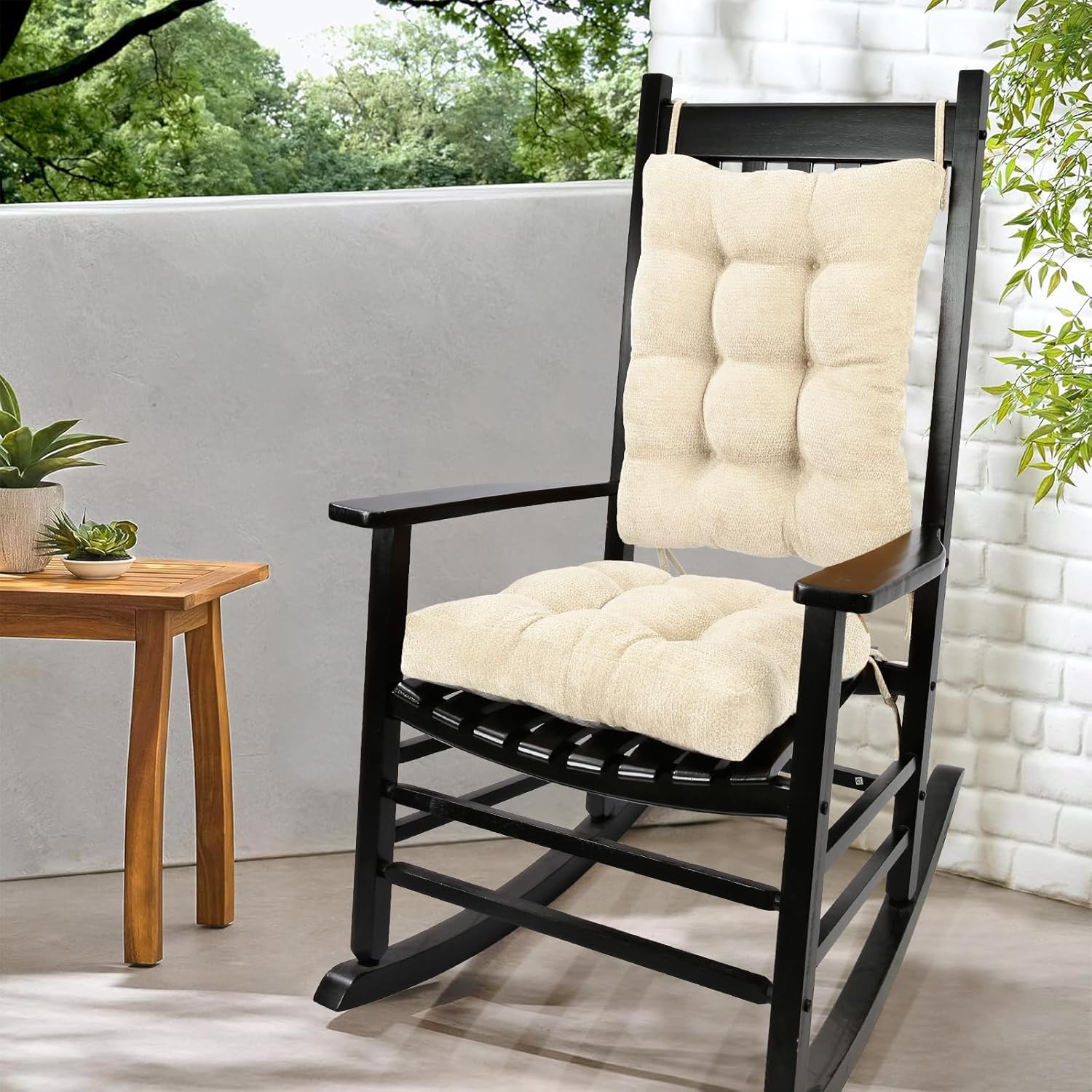 Rocking Chair Cushion for Elderly Sitting, Back Pillow & Seat Cushion with Ties, Luxury Chenille Fabric Non-Slip Chair Pad for Rocker, Beige, 21.6x17x2/ 17x17x3