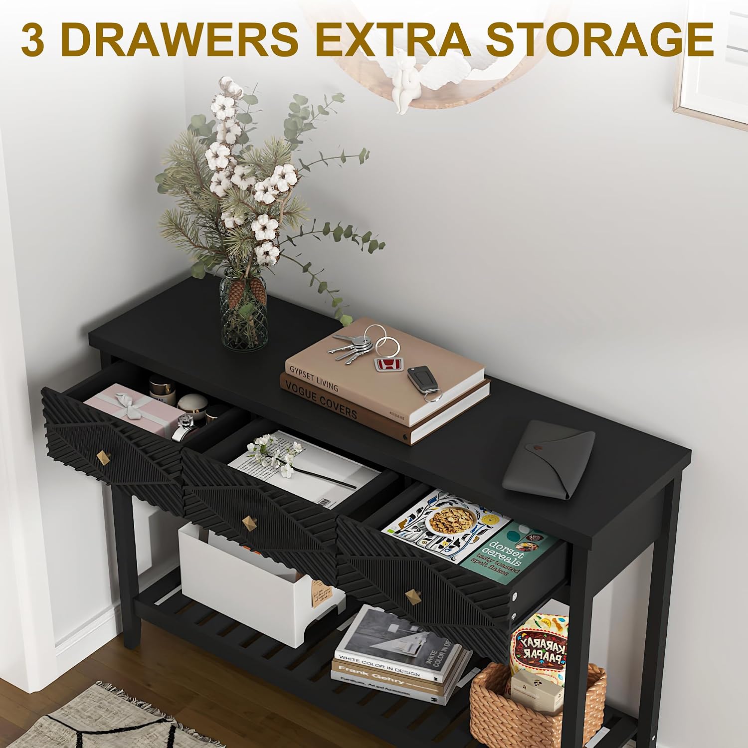 47" Console Table with 3 Drawers, Fluted Wood Entryway Table with Storage Shelf, Narrow Long Sofa Table Modern Behind Couch Accent Table for Living Room, Entryway, Hallway, Foyer