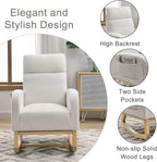Nursery Rocking Chair with Solid Wood Legs, Glider Chair for Nursery with Two Side Pockets, Rocker Armchair for Living Room Bedroom (Ivory White, Teddy Fabric)
