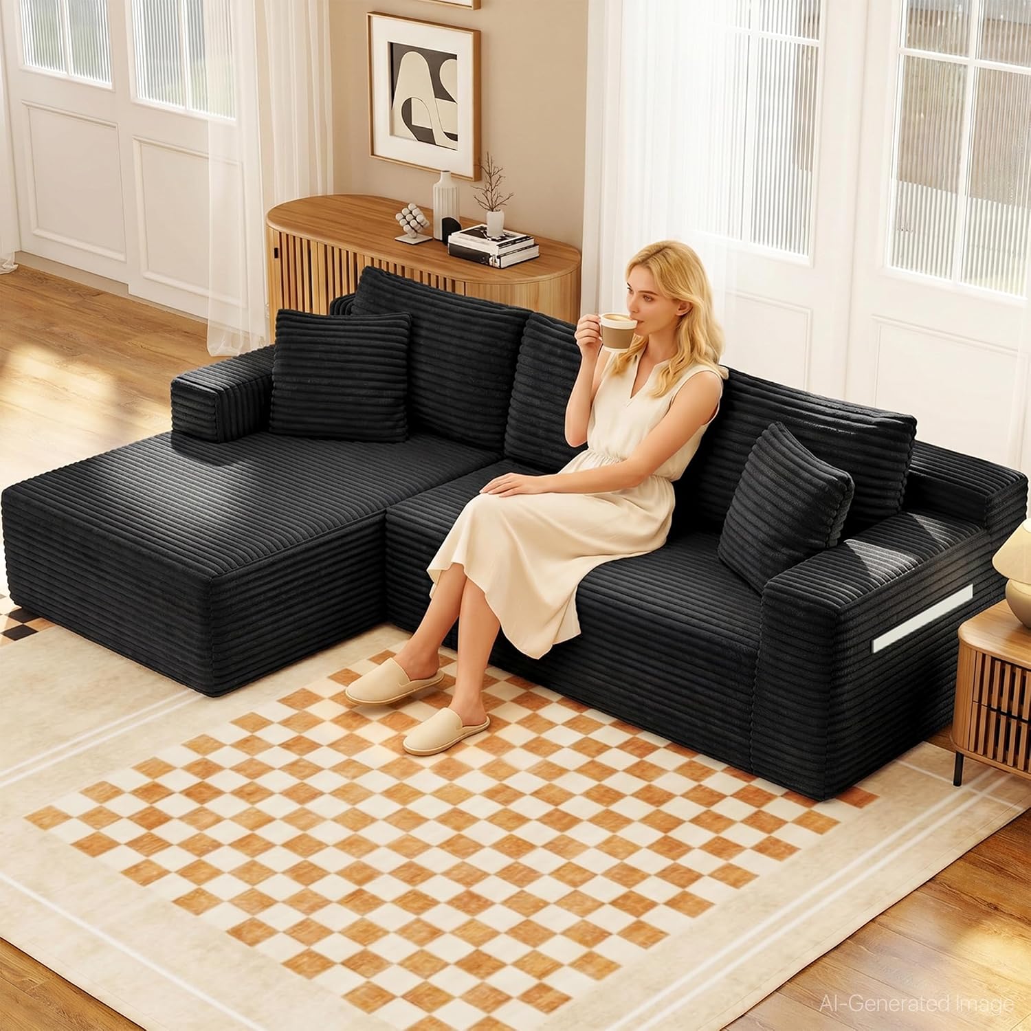 94.5" L-Shaped Cloud Sectional Couch for Living Room, Modern Minimalist Upholstered Boneless Sofa,Corduroy Fabric Modular Sectional Sofa with Chaise, No Assembly Required (Black, Left)