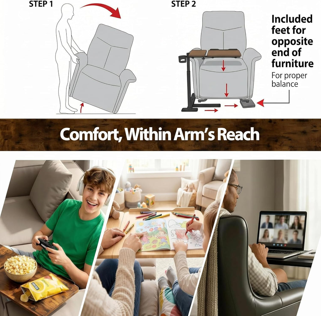 YUHFERA Swivel Table for Recliner Chair with Tilting Top, Adjustable Laptop Side Table for OverCouch & Sofa, Slide Under Tray Tables for Eating & Reading, Armchair Desk (Rustic Brown)