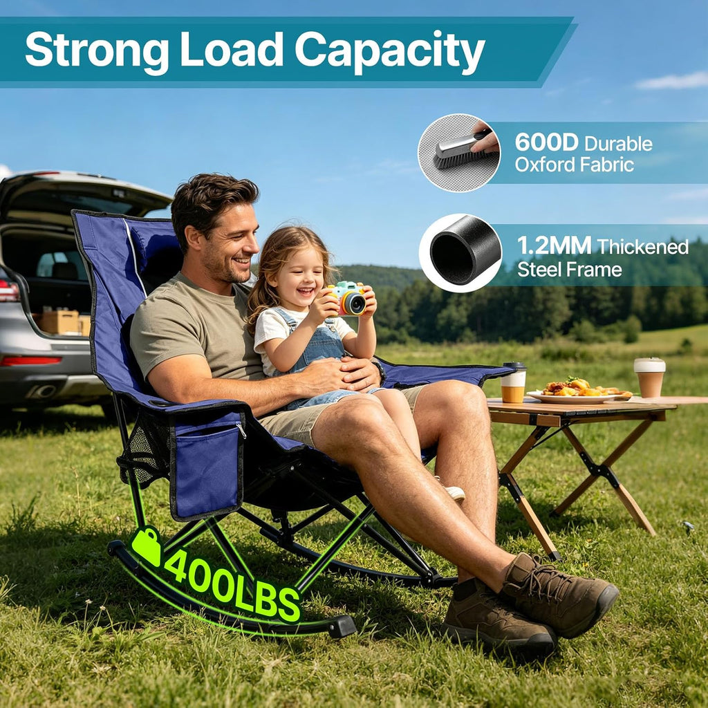 ZENPETIO Oversized Rocking Camping Chair Portable Outdoor Folding Rocker with Padded Headrest and Carry Bag, Heavy Duty Rocker Chair for Camping, Lawn and Patio, Supports 400 lbs, Blue Black
