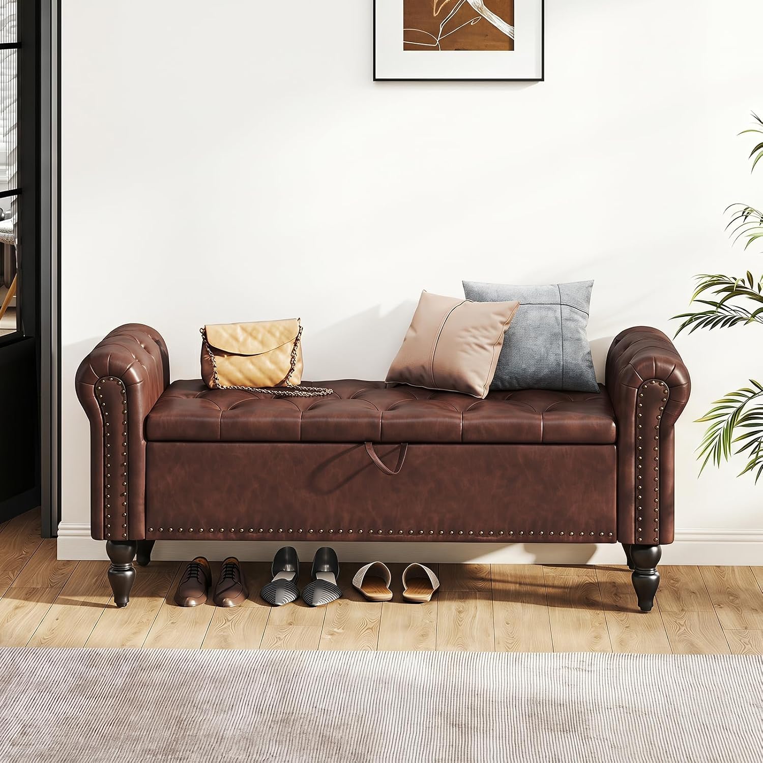Furniliving 51” End of Bed Storage Bench, Bedroom Bench with Button-Tufted, Upholstered Storage Ottoman Benches Window Bench with Storage, Leather Bench for Living Room, Entryway, PU, Darkbrown