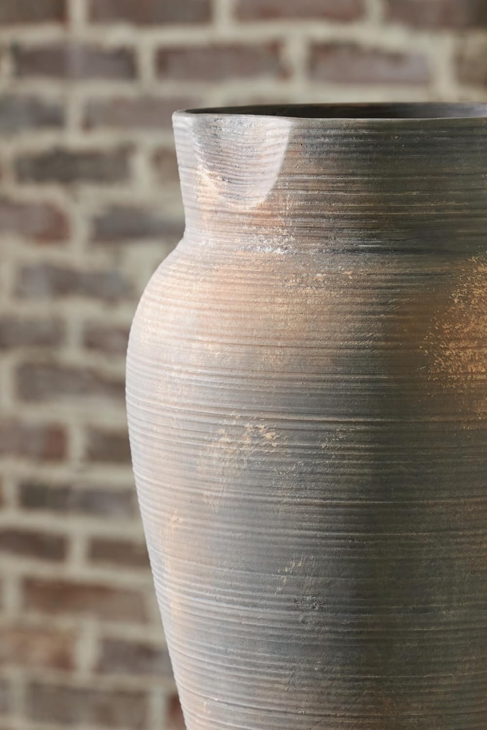 Signature Design by Ashley Brickmen Ceramic Vase, 15 Inch Tall Rustic Tabletop Accent, Textured Antique Gray Finish, Non-Watertight Decor for Faux and Dried Flowers, Gray and Tan