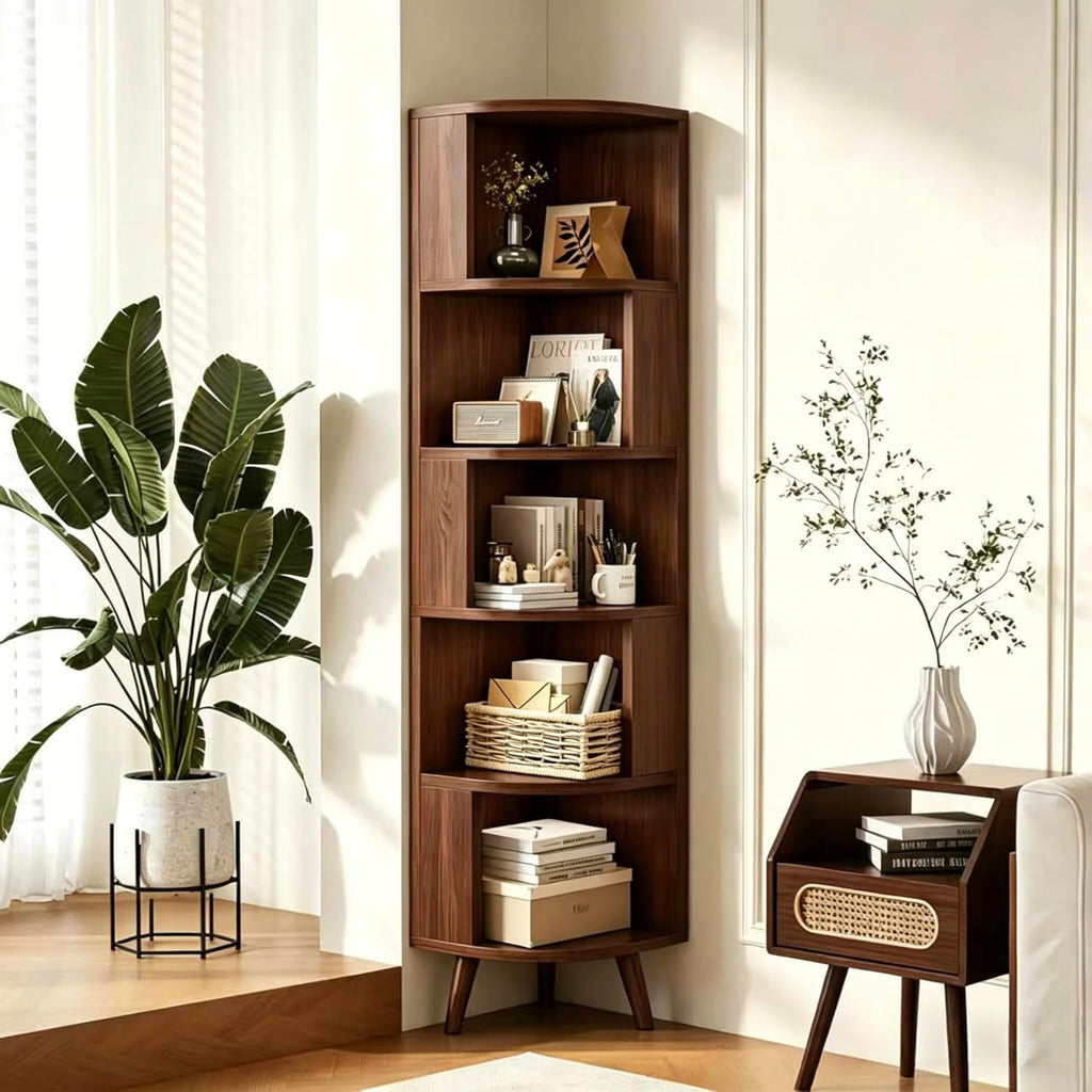 5-Tier Corner Bookshelf, Modern Corner Shelf, Freestanding Bookcase Corner Cabinet Storage Display Shelf Organizer for Living Room Home Office Bedroom Kitchen