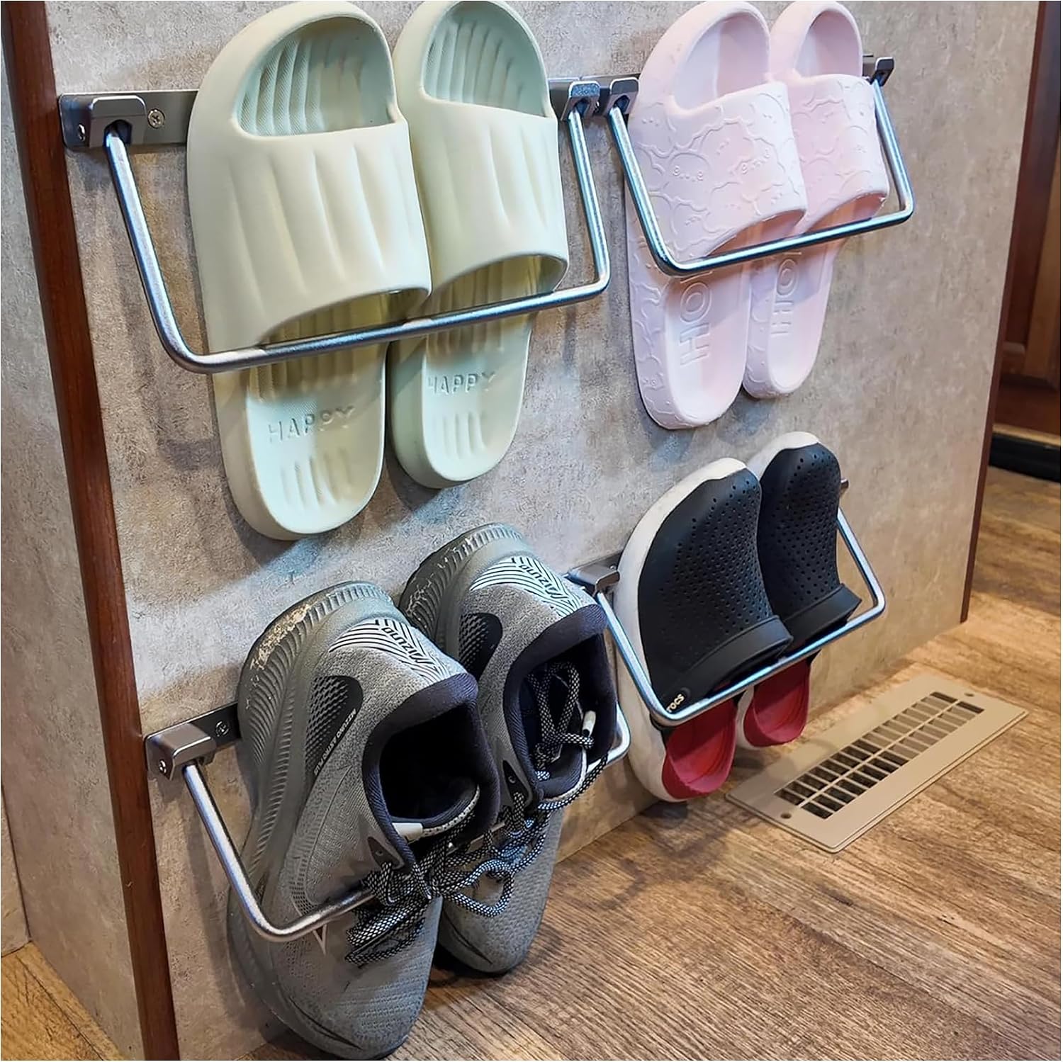 2026 New RV Shoe Storage 4-Pack Foldable Aluminum Wall Mounted Shoe Rack, Space Saver Camper Organizers and Storage for Travel Trailer, Bedside & Hallway - Rustproof Silver
