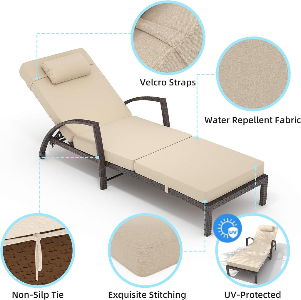 Outdoor Lounge Chairs Set of 2, Pool Lounge Chairs for Outside Patio Furniture, Outdoor PE Rattan Wicker Patio Chaise with 5-Positions Adjustable for Poolside, Deck,Beige