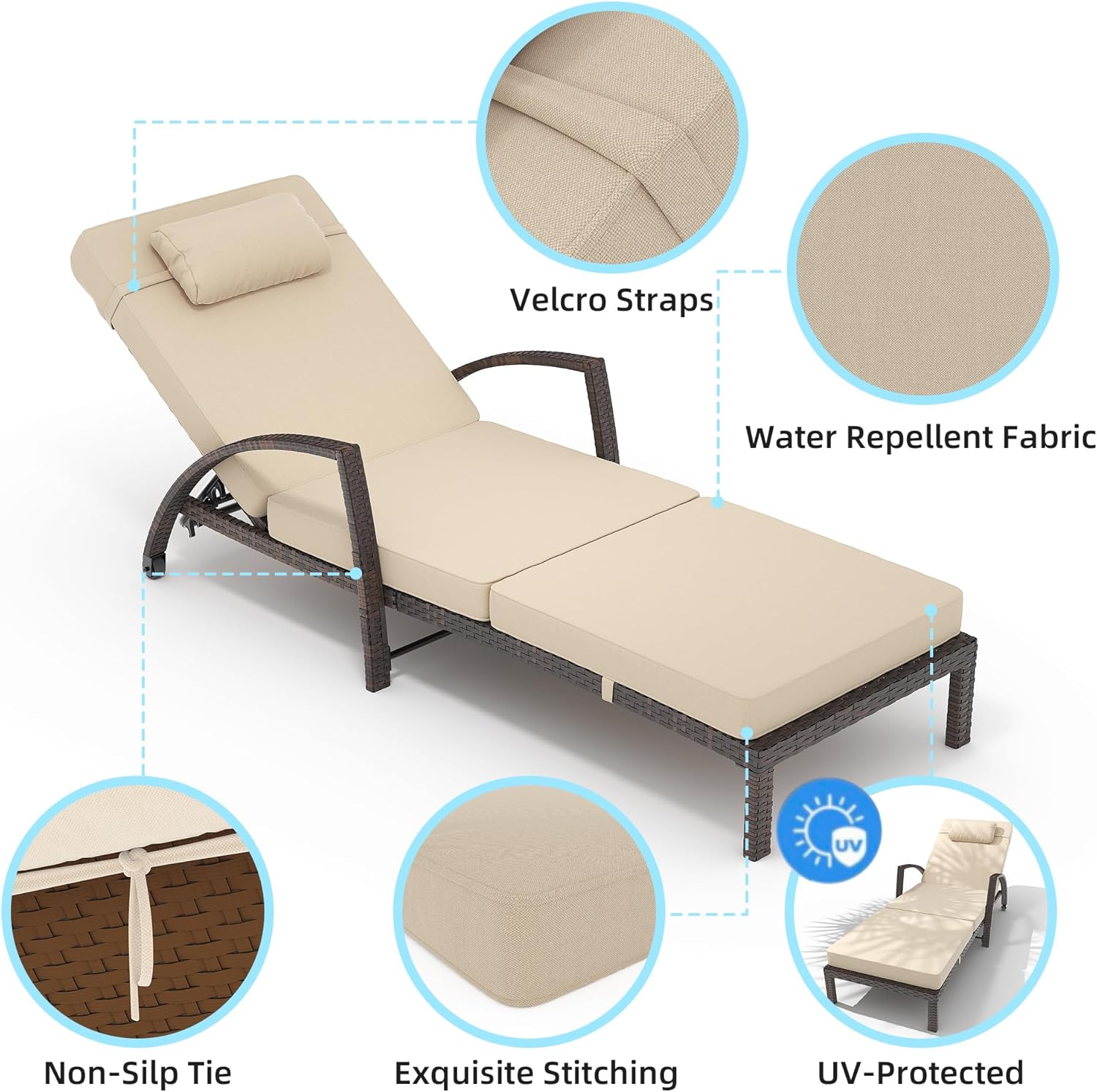 Outdoor Lounge Chairs Set of 2, Pool Lounge Chairs for Outside Patio Furniture, Outdoor PE Rattan Wicker Patio Chaise with 5-Positions Adjustable for Poolside, Deck,Beige