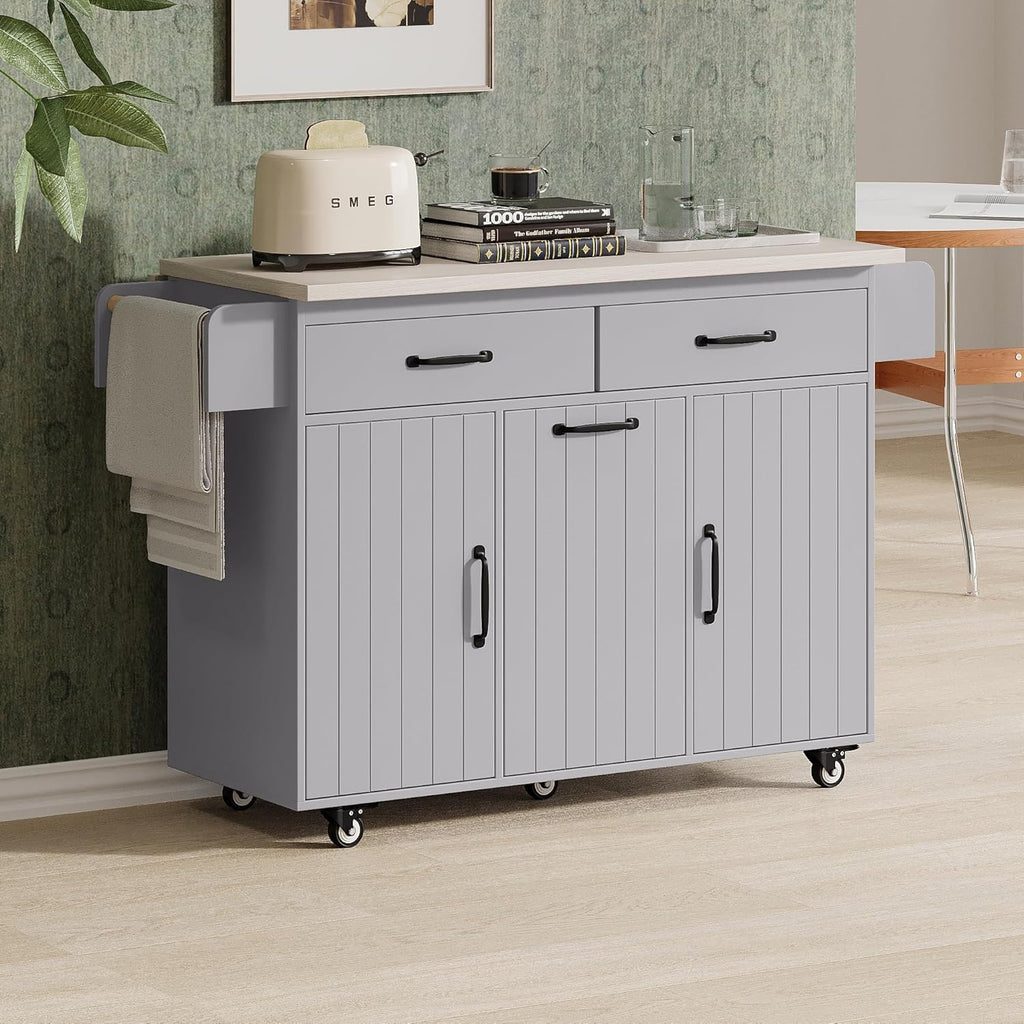 Ball & Cast Kitchen Island with Trash Can Storage Cabinet,Kitchen Cart W/Drop Leaf,Spice Rack,Towel Rack and Drawers,Rolling Kitchen Islands on Wheels W/Adjustable Shelf for Dining Room,Grey