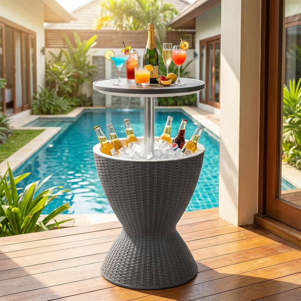 Giantex Outdoor Ice Cooler Side Table with Adjustable Height, 8 Gal Beverage Bucket with Drain Plug, Rattan Patio Bar Table for Poolside, Deck, BBQ & Backyard Parties