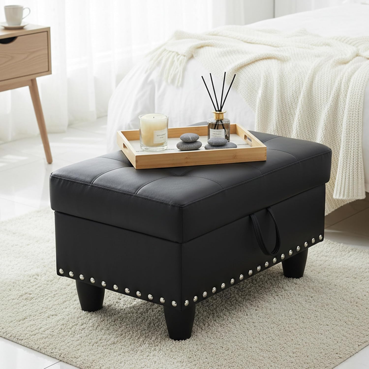 Simple Deluxe Ottoman with Storage Bench Chair, 28.5" L x 19.5" W x 17.5" H Foot Rest Stools with Synthetic Leather,Ottoman Storage Chest Box with Padded Seat for Bedroom, Living Room, Entryway,Black