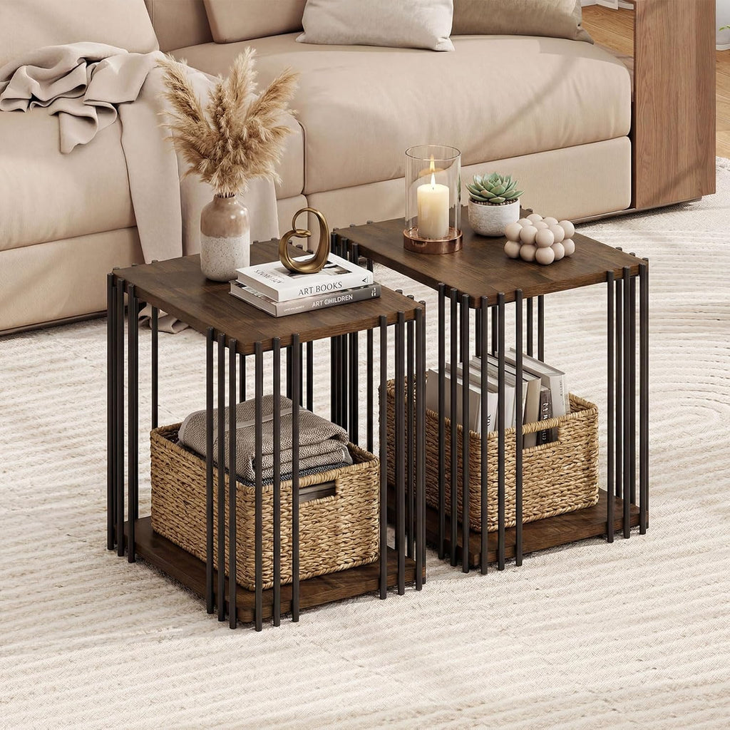 Giantex 2-Tier Wood Side Table - Narrow Sofa Couch End Table with Open Storage Shelves & Unique Metal Frame, Rustic Night Stand for Bedroom Living Room (1)