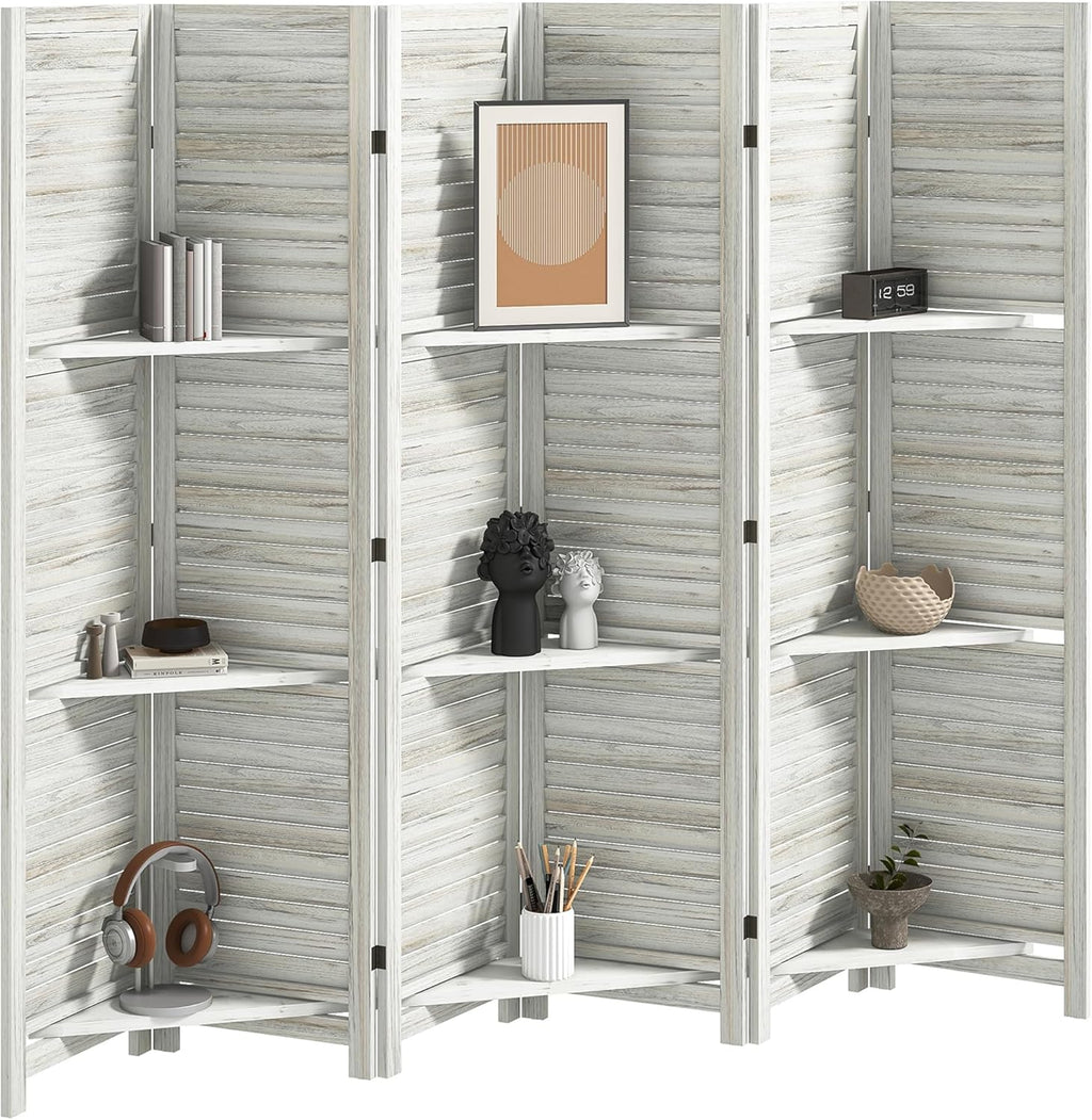 HOMCOM Room Divider, 6 Panel 67" Tall Wood Privacy Screen with 3 Display Shelves, and Folding Storage for Bedroom or Home Office, Distressed White