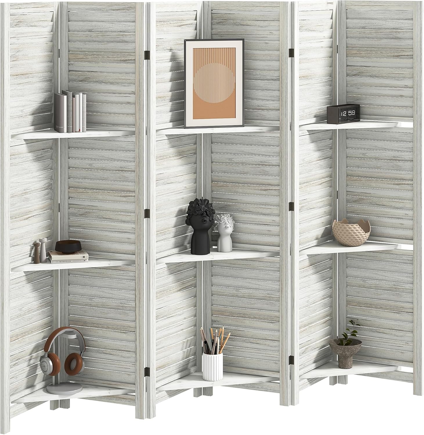 HOMCOM Room Divider, 6 Panel 67" Tall Wood Privacy Screen with 3 Display Shelves, and Folding Storage for Bedroom or Home Office, Distressed White