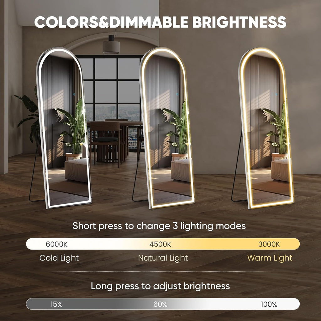 Arched Full Length Mirror with LED Lights, 20"x63" Floor Standing or Wall Mounted Dressing Mirror, 3 Color Lighting Modes for Bedroom, Living Room, Bathroom