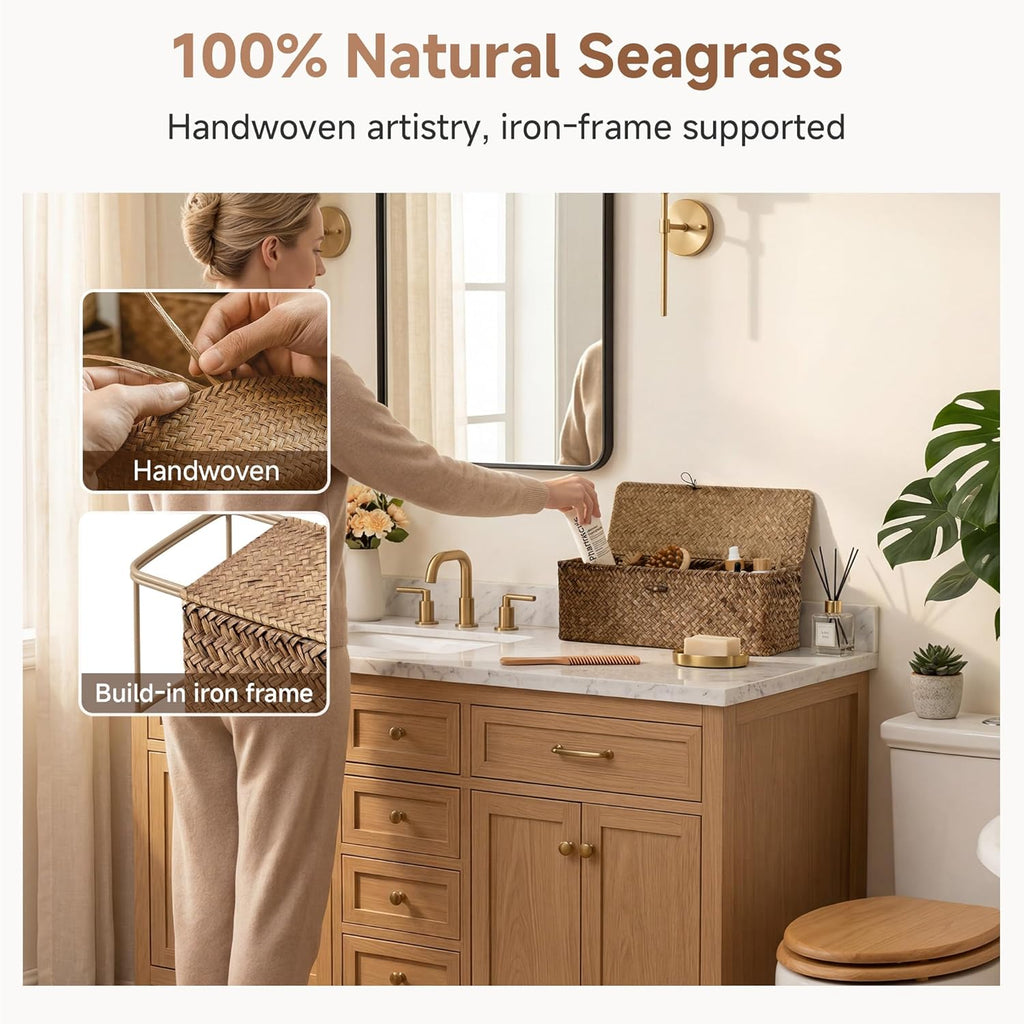 StorageWorks Toilet Paper Storage Basket with Lid, Large Wicker Baskets with 3 Compartments, Seagrass Back of Toilet Basket for Tank Topper, Shelves Organizer, 16½"x 5½"x 5½, 1-Pack