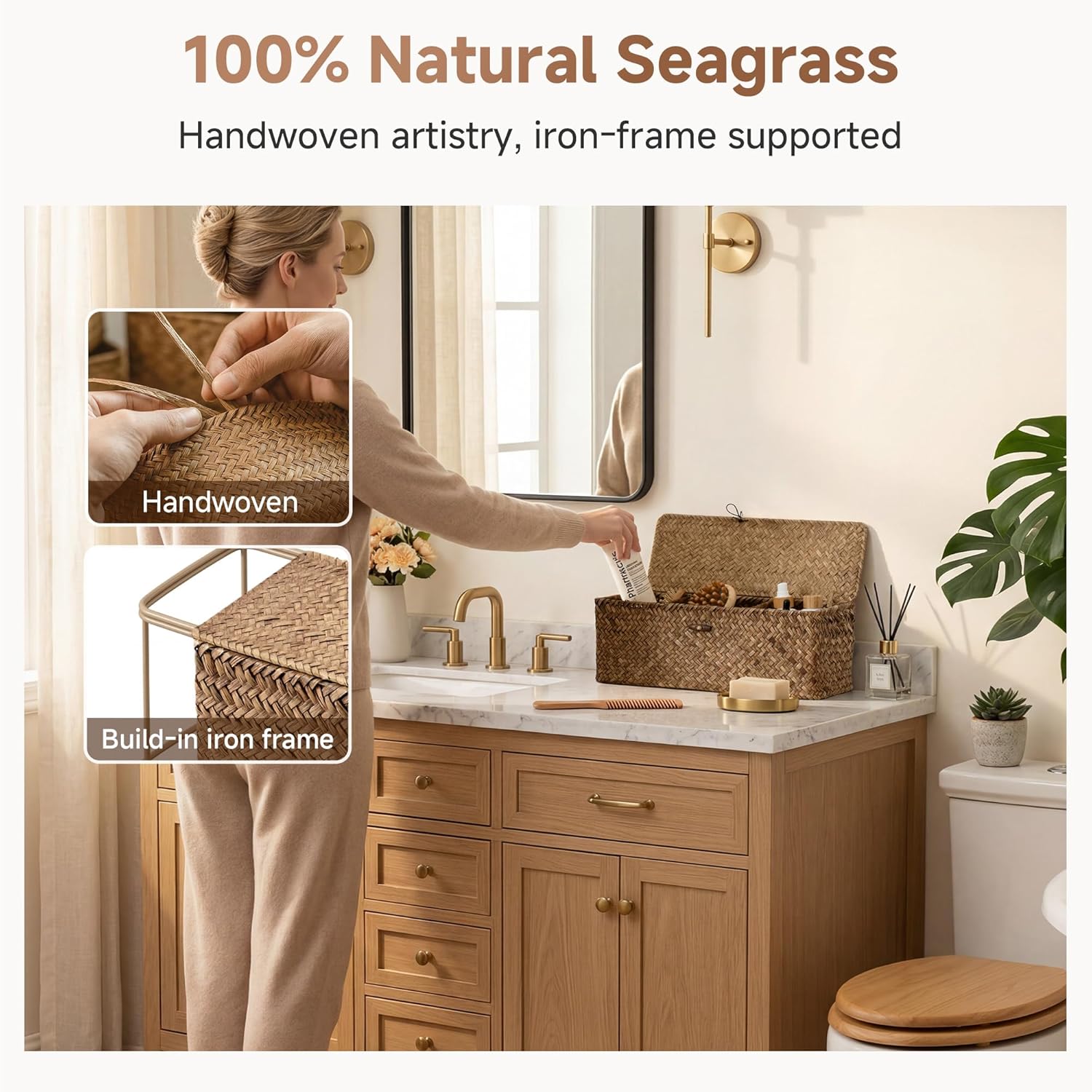 StorageWorks Toilet Paper Storage Basket with Lid, Large Wicker Baskets with 3 Compartments, Seagrass Back of Toilet Basket for Tank Topper, Shelves Organizer, 16½"x 5½"x 5½, 1-Pack