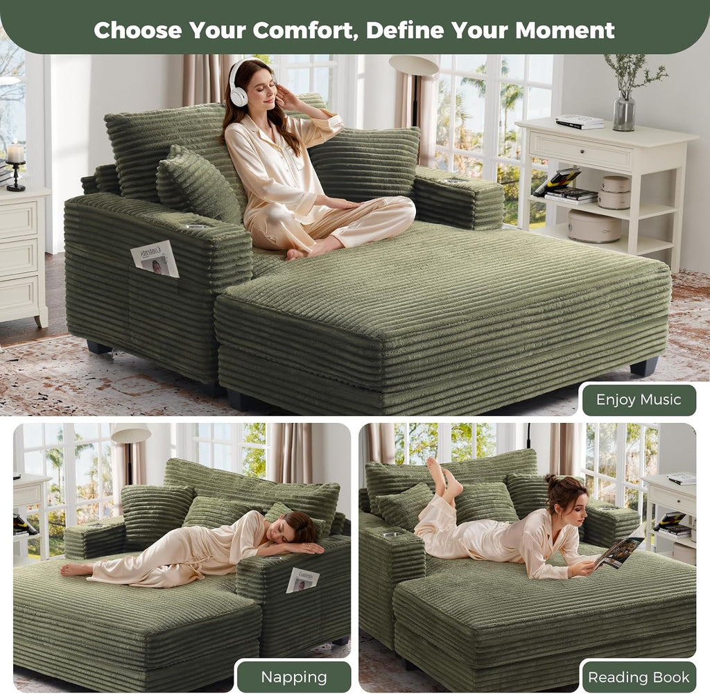 HUSFU 60'' Oversized Chaise Lounge Chair Indoor, Comfy Plush Faux Fur Lounge Sofa Bed w/USB Charging Port,Cup Holders & Throw Pillows,Cozy Sleeper Couch for Living Room Apartments,Green