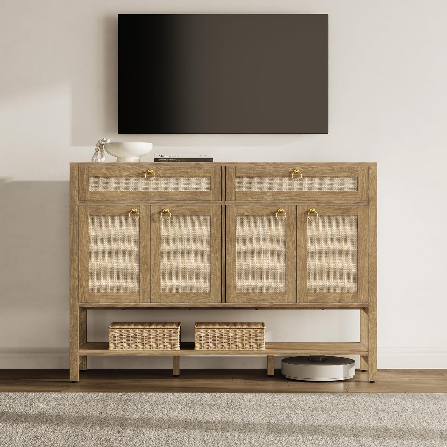 SICOTAS Rattan Sideboard Buffet Cabinet with Open Storage - Large Farmhouse Credenza with 4 Doors & 2 Drawers, Boho Coffee Bar Cabinets Buffet Console Table for Kitchen, Hallway
