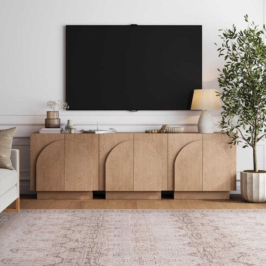 Nathan James Iris Mid-Century Modern Credenza, Brown TV Stand, Living Room Wood Storage Cabinet with Arched Cabinet Doors, Raw Oak, Set of 3