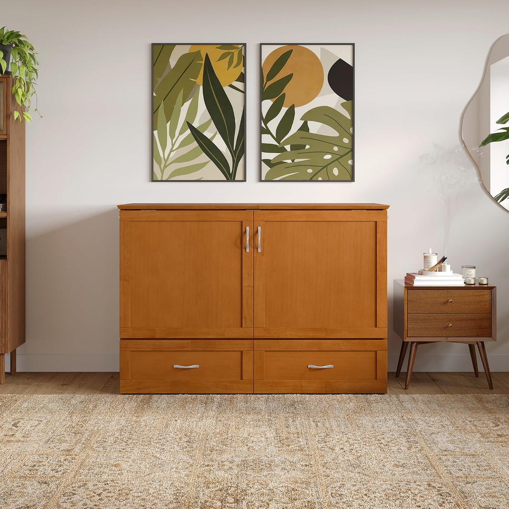 AFI Hamilton Full Murphy Bed Chest with Mattress, Storage, and Built-in Charger in Light Toffee