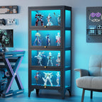 4 Tier Glass Display Cabinet with Flip-Up Doors, 55" Curio Cabinet with 13-Color LED Lights, 3-Side Tempered Glass Metal Display Cabinet for Books, Figures, Collectibles, Black