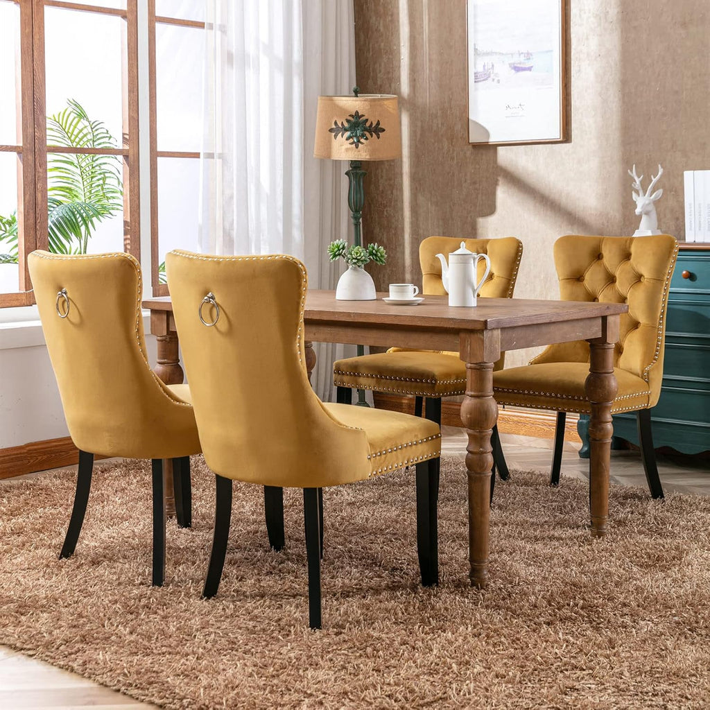 KEIKI Velvet Tufted Dining Room Chairs Set of 2, Kitchen Nailhead Trim Chairs with Solid Wood Legs and Padded Seat, Gold