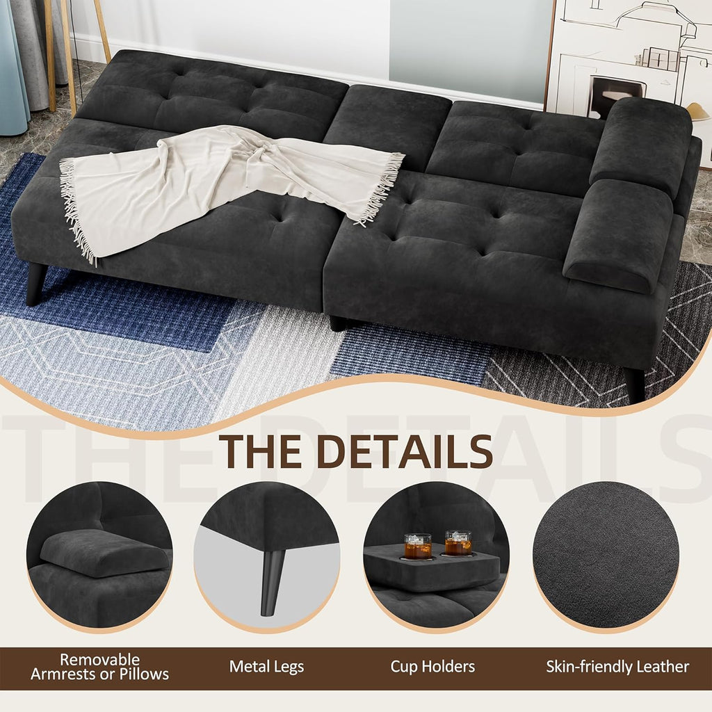Shintenchi Futon Sofa Bed, Velvet Foldable Couch, Reclining Sleeper with Removable Armrests, Upholstered Loveseat Sofa Couch with Folding Cup Holders for Home, Office, Black