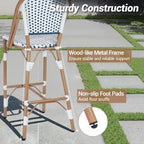 Outdoor French Counter Bar Stools Set of 4, 30" Height Patio Rattan Stools w/Wood Print Finish, All-Weather Armless Wicker Chairs for Poolside Backyard Front Porch Garden Kitchen, White/Blue