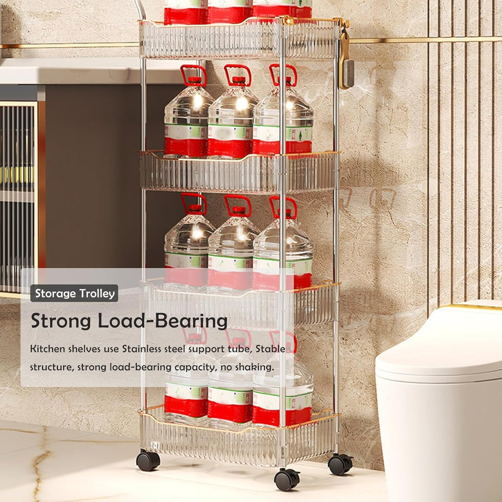 Acrylic Storage Trolley, Bathroom Kitchen Rolling Utility Cart Mobile Organization Shelves with Handle and Lockable Wheel(Gold,3 Tier)