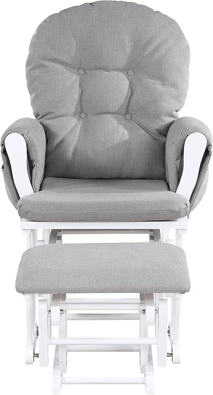 Traditional Glider and Ottoman: Gray Wood & Fabric Nursery Chair - Soft Quiet Gliding Motion with Storage Pocket - Overstuffed Button Tufted Cushion for Baby Bonding