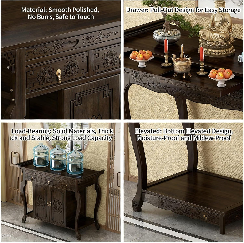 Bamboo Shrine Altar Table with Storage Personal Shrine Altar Table Buddha Niche Chinese Cabinet Vintage Buddhist Altar Offering Table(140x40x88cm)