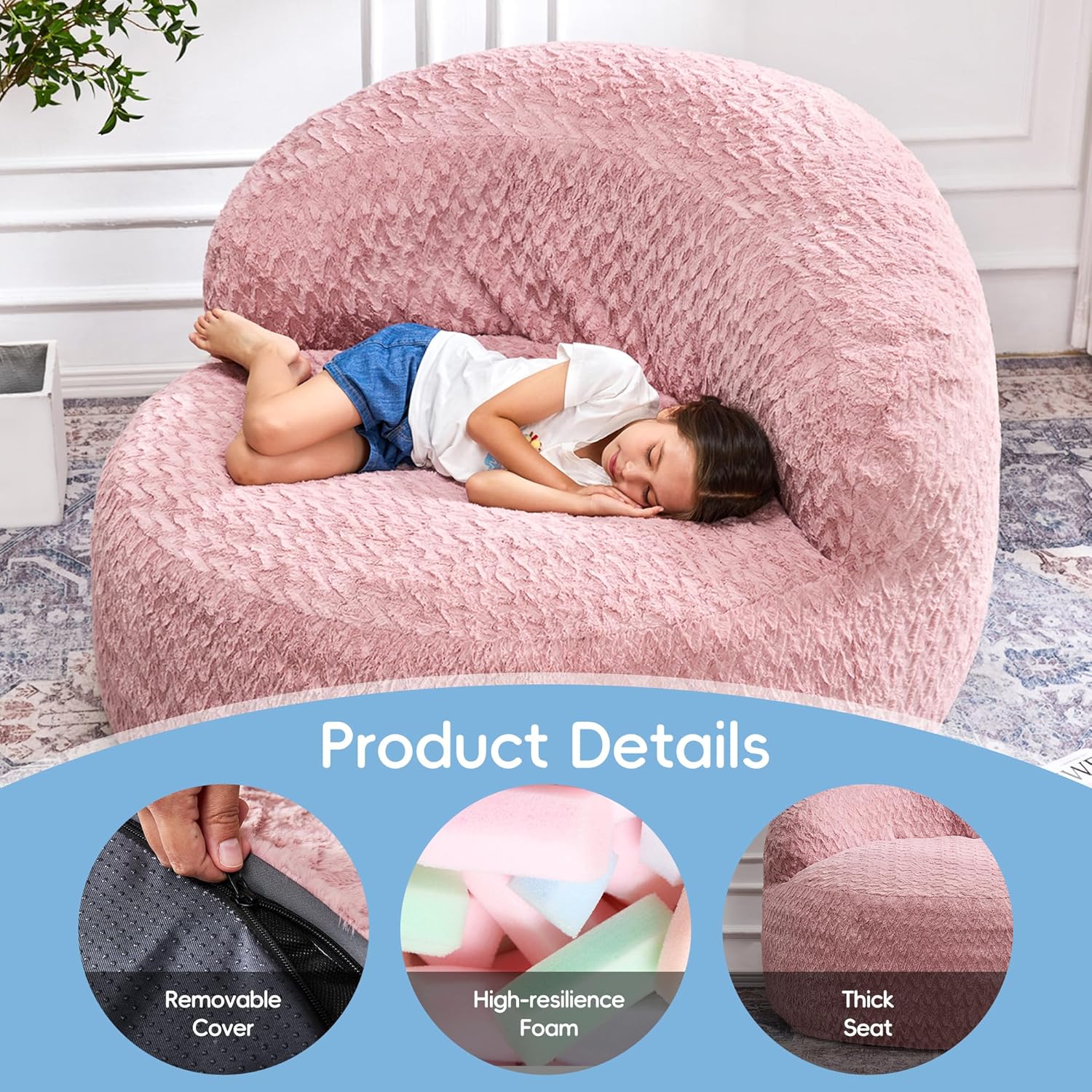 Hobestluk Bean Bag Chair Giant Bean Bag Chairs for Adults Big Bean Bag Chair with Memory Foam Filler Adults Large Beanbag with Faux Fur Cover for Bedroom (Chevron Pink,Oversize)