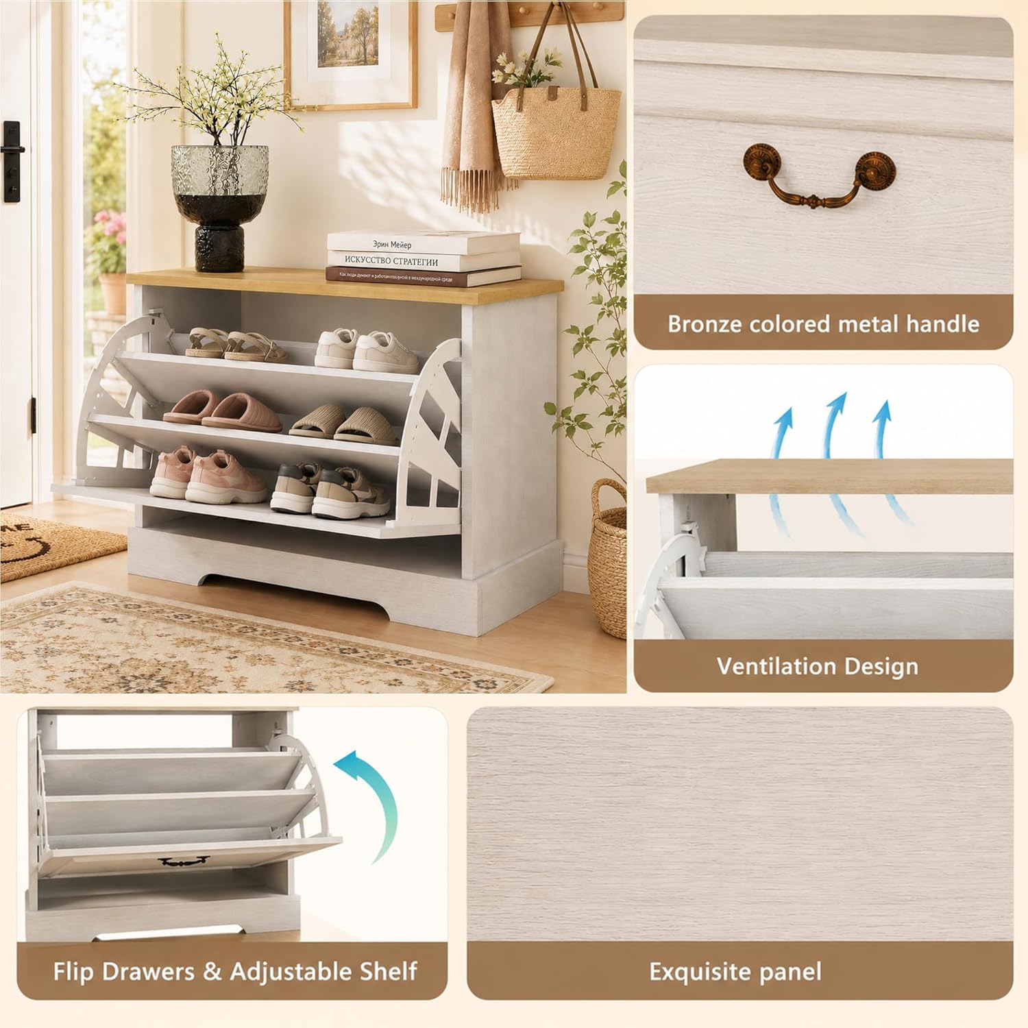 RASOO Flip Drawer Shoe Cabinet for Kids, 3-Tier Shoe Organizer Storage Cabinet with 2 Adjustable Shelves, Space-Saving Hidden Shoe Rack Bench for Entryway Hallway